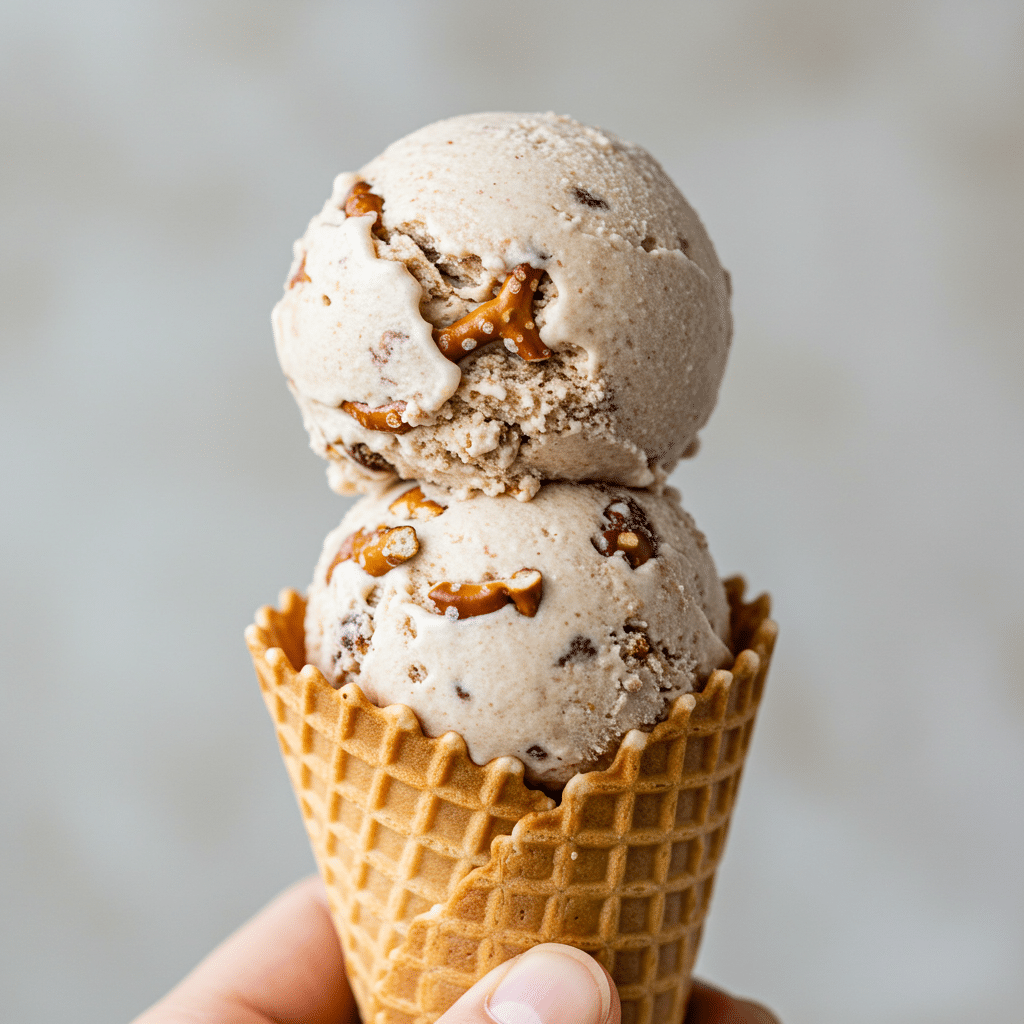 Two scoops of homemade Sweet-and-Salty Ice Cream in a waffle cone.