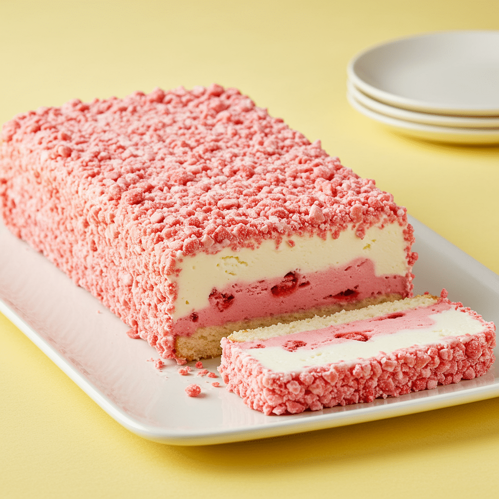 A whole Strawberry Shortcake Bar Ice Cream Cake with a slice removed to show the layers