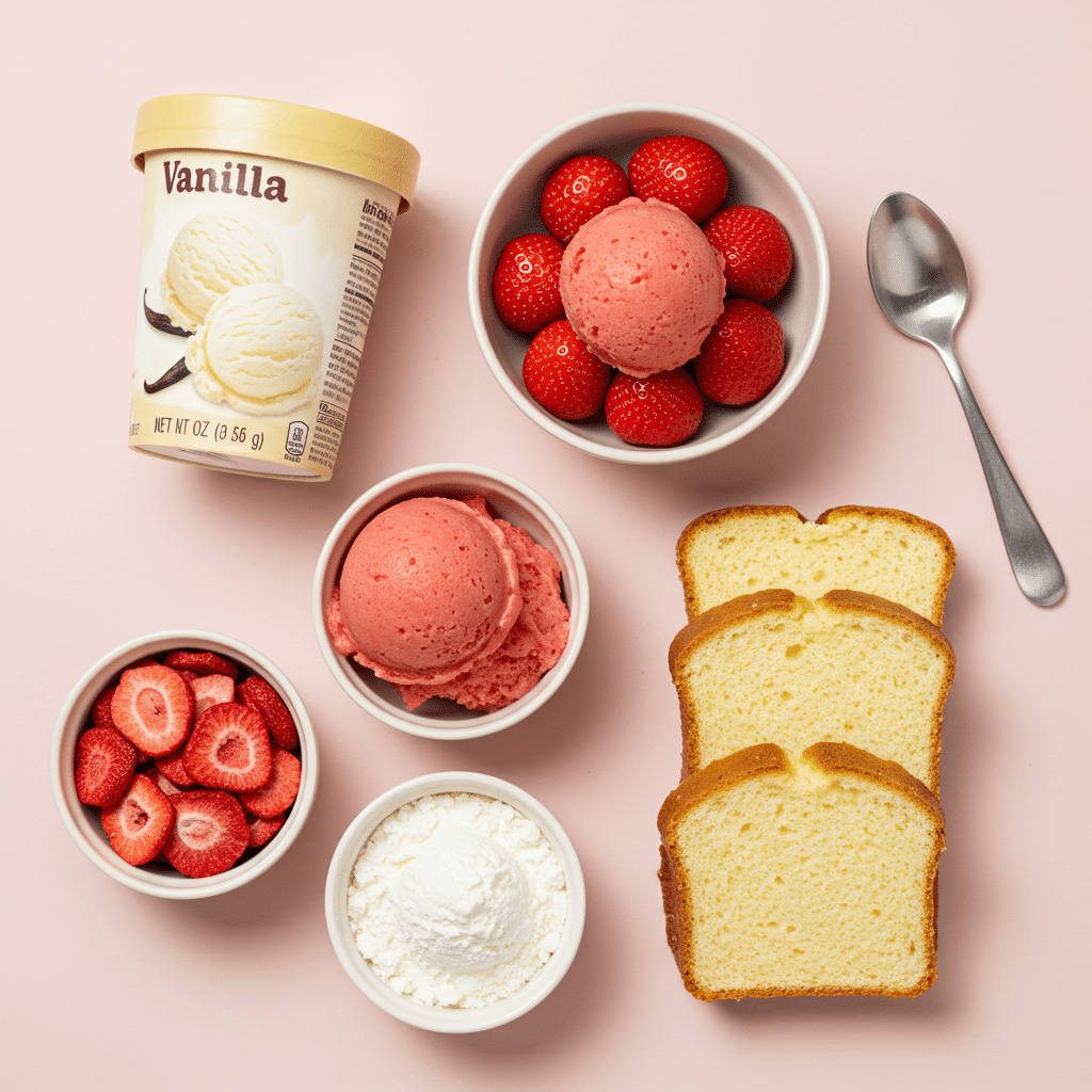 Ingredients for the homemade Strawberry Shortcake Bar Ice Cream Cake.
