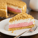 A perfect slice of the Strawberry Shortcake Bar Ice Cream Cake on a plate.