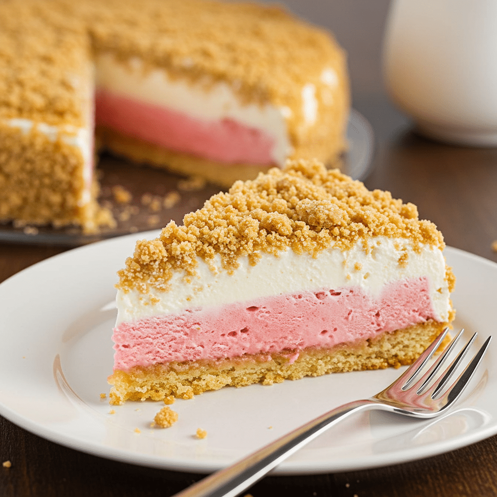 A perfect slice of the Strawberry Shortcake Bar Ice Cream Cake on a plate.