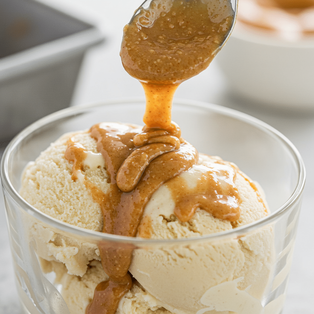 A scoop of Vegan Vanilla Ice Cream being topped with an almond butter swirl.