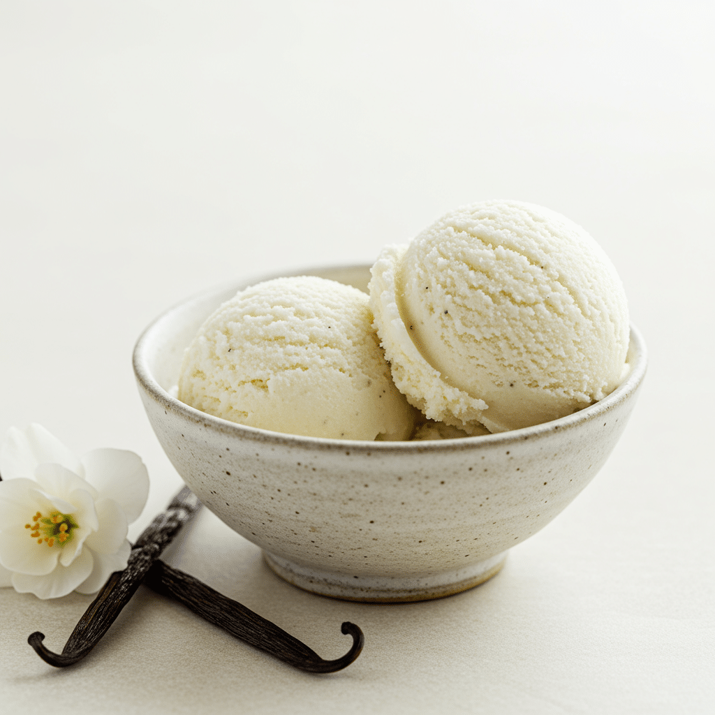 A bowl with two scoops of creamy, homemade Vegan Vanilla Ice Cream.