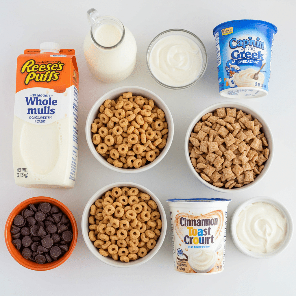 Ingredients for making Cereal Ice Pops, including three types of cereal.