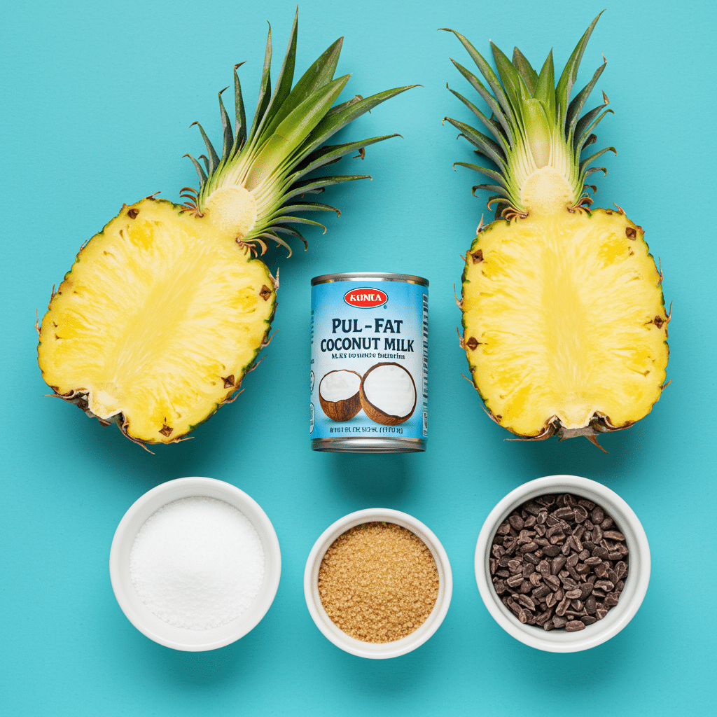 ngredients for the Cocoa Colada Ice Pops: pineapple, coconut milk, and cacao nibs