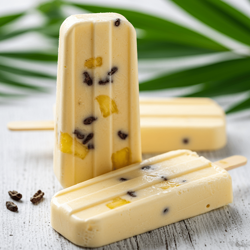 Two refreshing, homemade Cocoa Colada Ice Pops on a white wood surface.