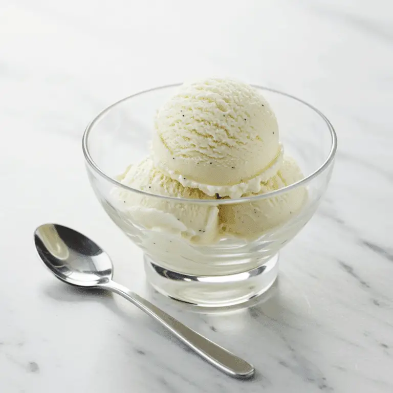 A perfect scoop of homemade Serious Vanilla Ice Cream with vanilla bean specks.