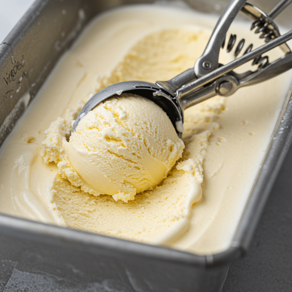Scooping a perfect, creamy scoop of the finished Serious Vanilla Ice Cream.