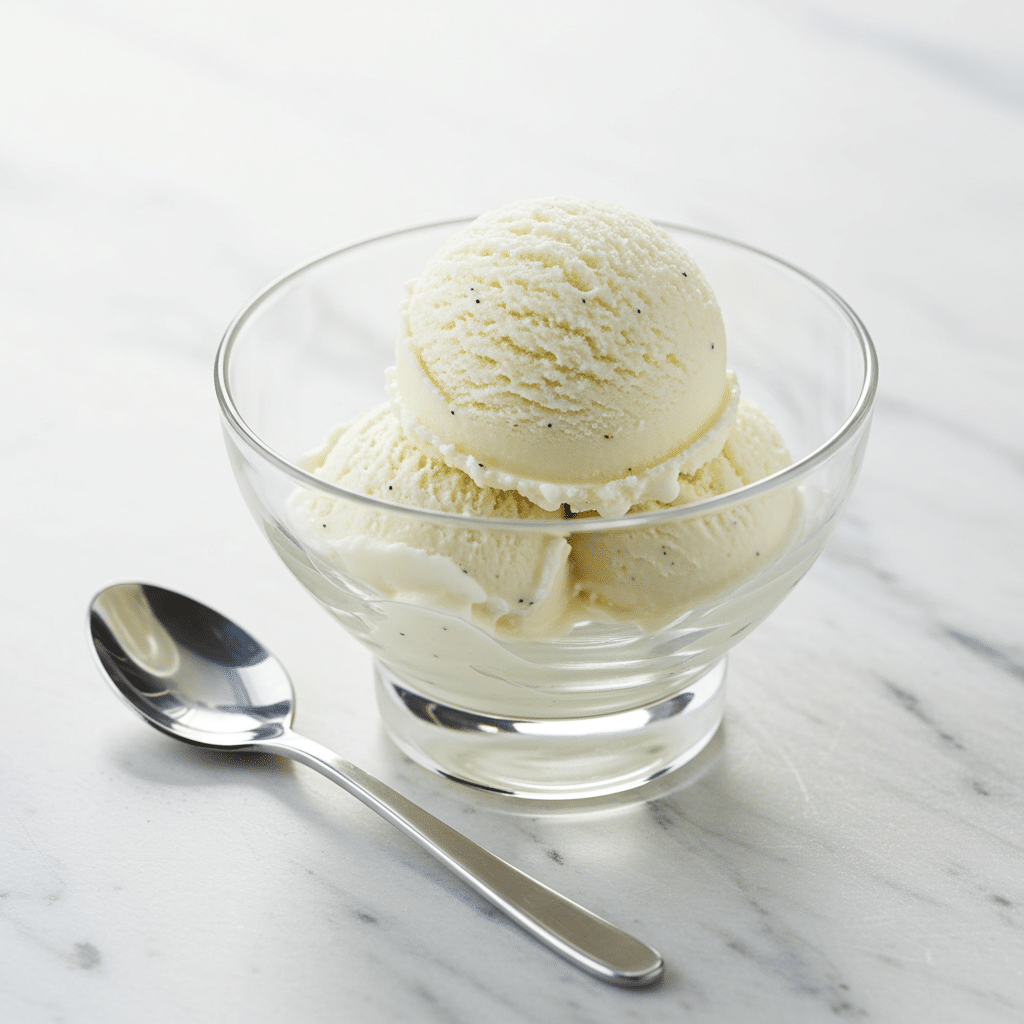 A perfect scoop of homemade Serious Vanilla Ice Cream with vanilla bean specks.