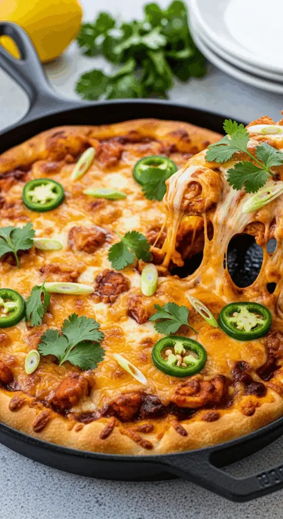 A homemade, cast-iron skillet BBQ Chicken Pizza with a cheese pull.