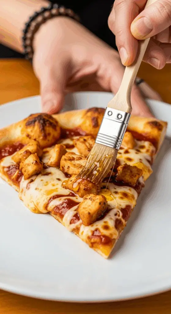 Brushing a spicy honey glaze on a slice of the finished BBQ Chicken Pizza.