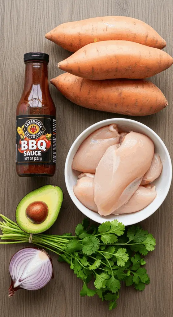 Fresh ingredients for the BBQ Chicken Sweet Potato Bowl.