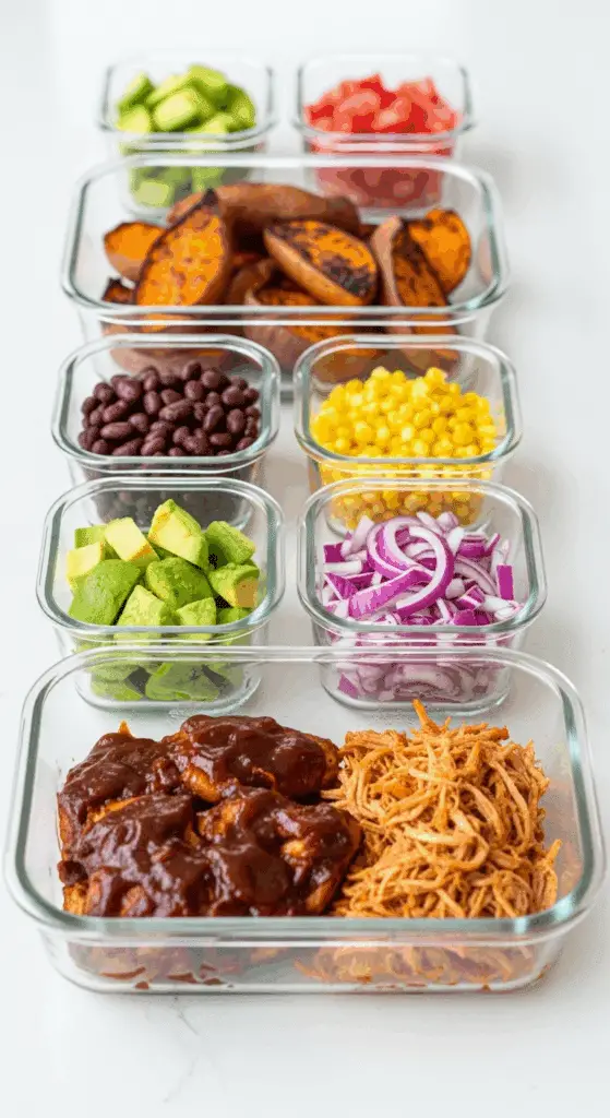 Meal prep containers with the separate components for the BBQ Chicken Sweet Potato Bowl.