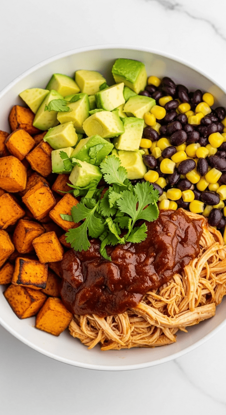 A healthy and colorful, finished BBQ Chicken Sweet Potato Bowl.