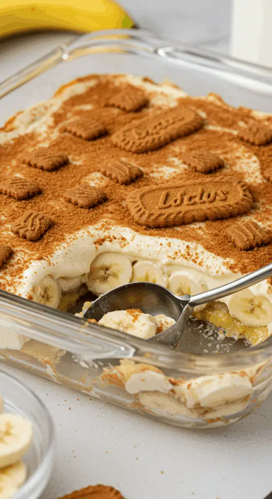 A beautiful, layered Biscoff Banana Pudding in a glass dish with a scoop taken out to show the layers.