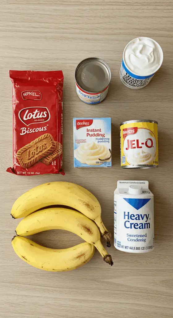 The simple, convenient ingredients for the Biscoff Banana Pudding recipe.