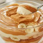 A delicious scoop of Biscoff Banana Pudding in a bowl at a family potluck