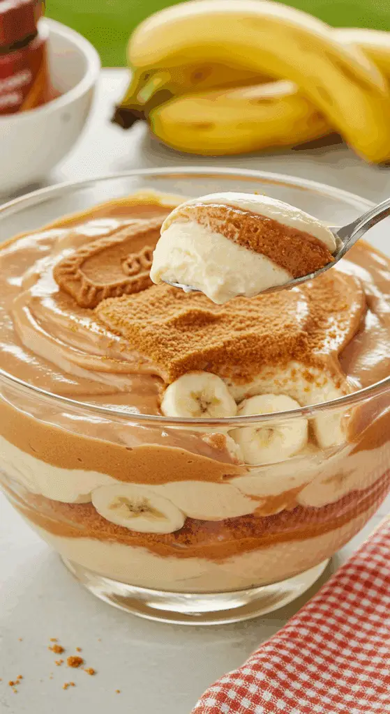 A delicious scoop of Biscoff Banana Pudding in a bowl at a family potluck