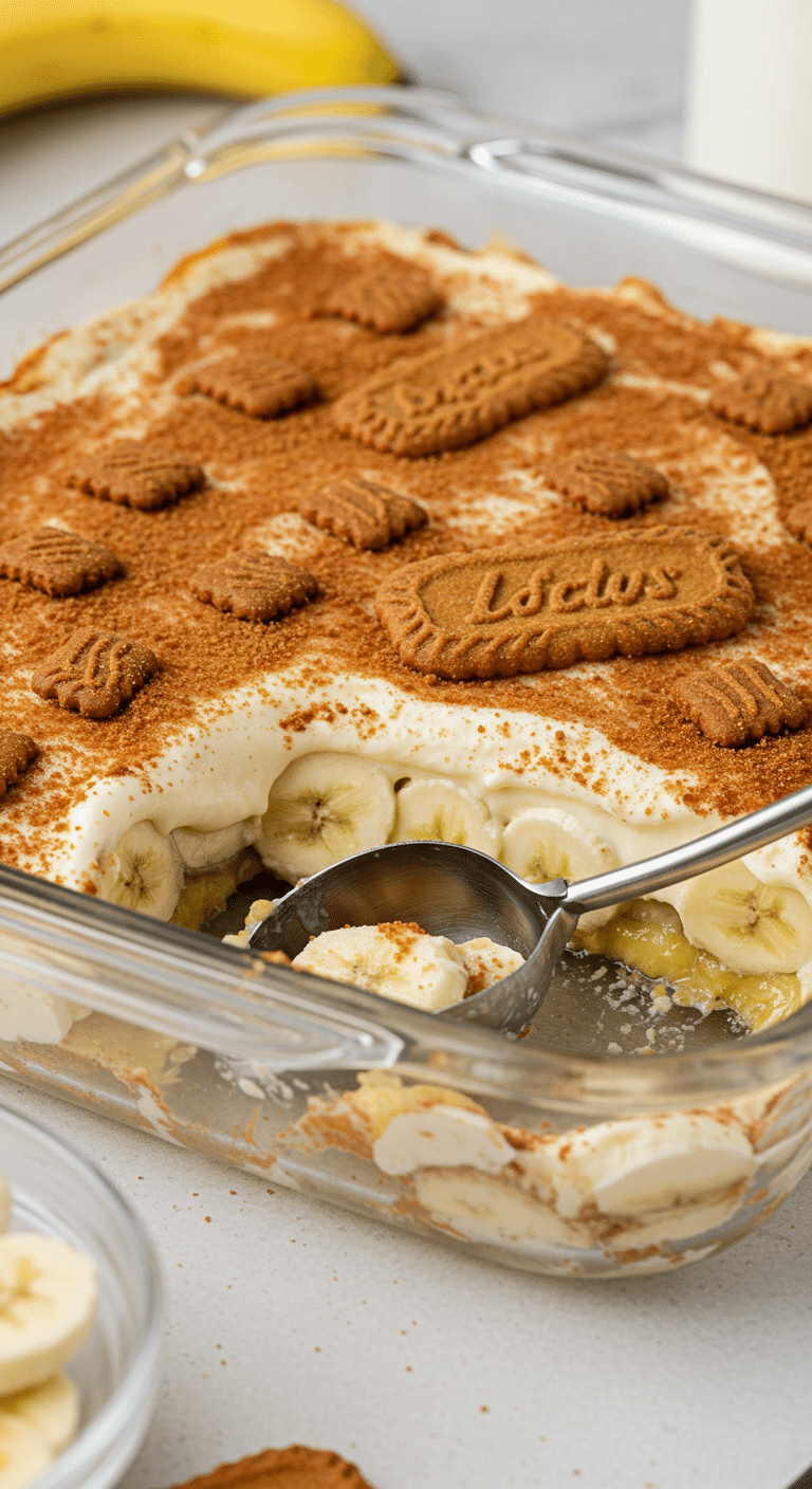 A beautiful, layered Biscoff Banana Pudding in a glass dish with a scoop taken out to show the layers.