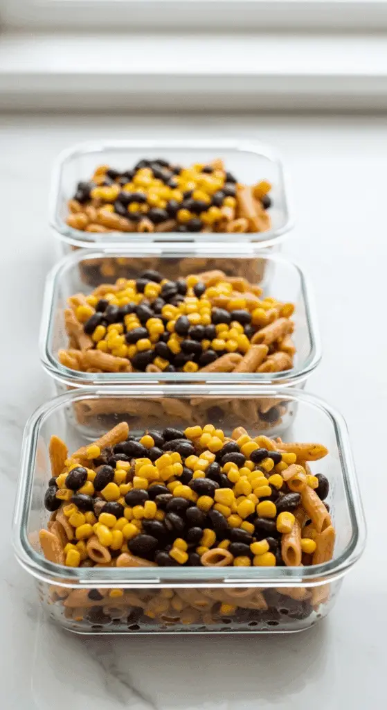 Three meal prep containers filled with the Black Bean and Corn Pasta Salad for healthy lunches.