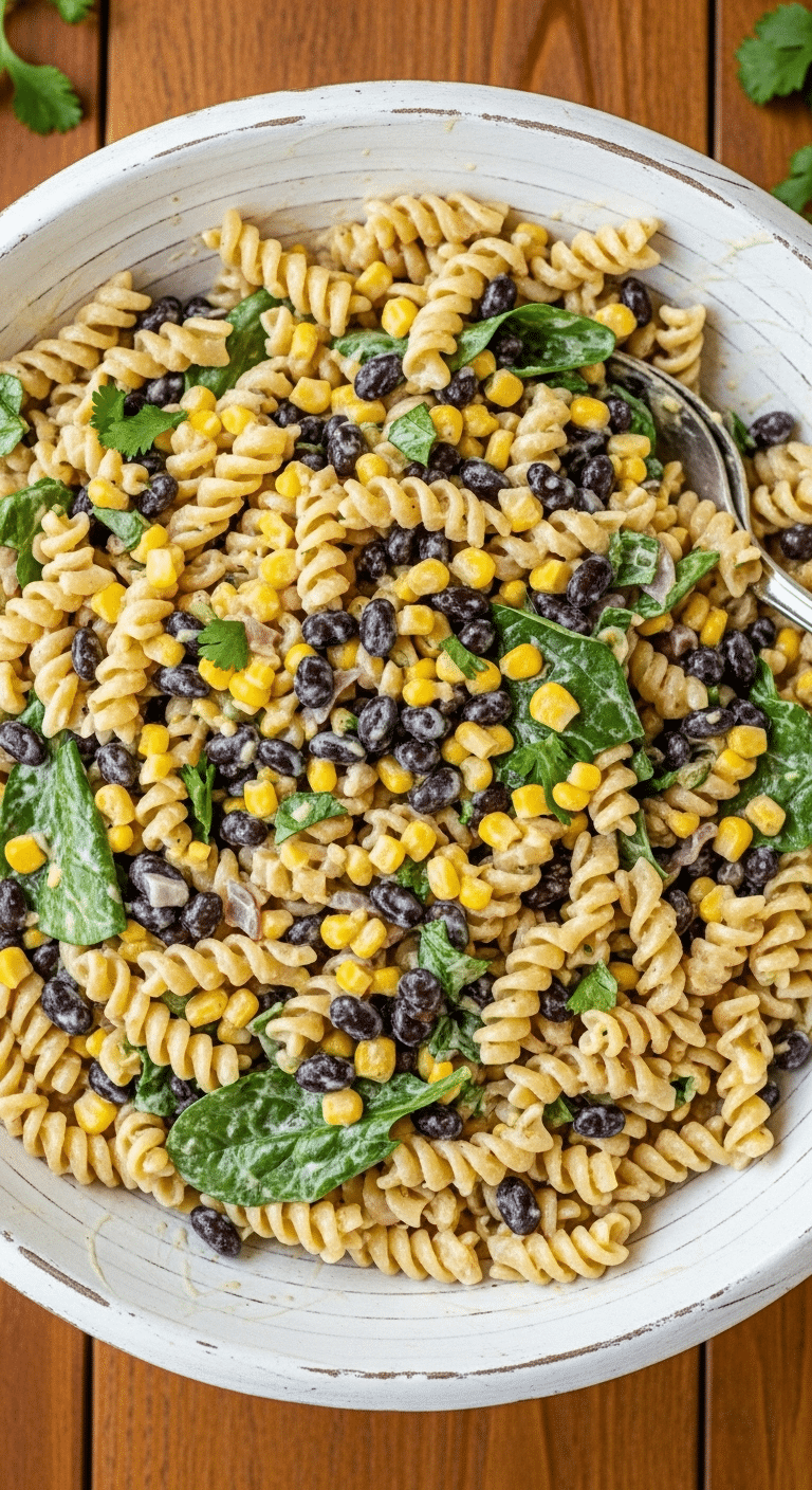 A large bowl of fresh, homemade Black Bean and Corn Pasta Salad.