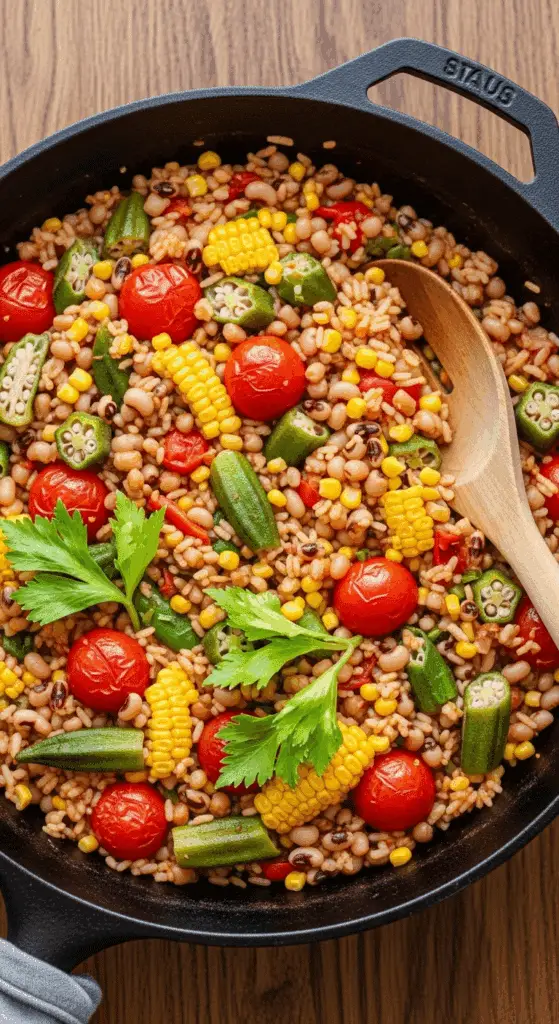 A skillet of homemade, one-pan Black-Eyed Peas and Rice with fresh vegetables.