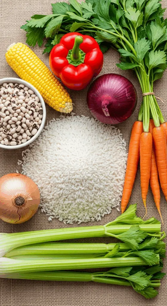 Fresh ingredients for the One-Skillet Black-Eyed Peas and Rice.