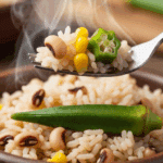 A delicious serving of the finished Black-Eyed Peas and Rice in a bowl.