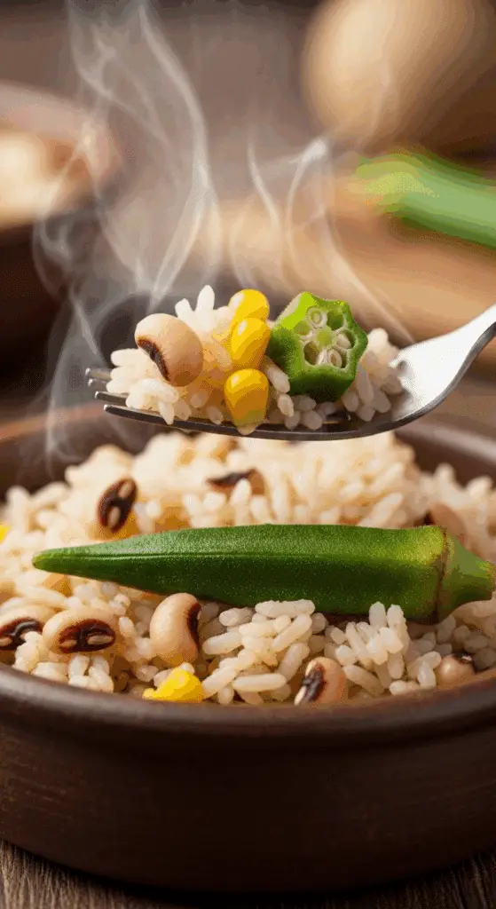 A delicious serving of the finished Black-Eyed Peas and Rice in a bowl.