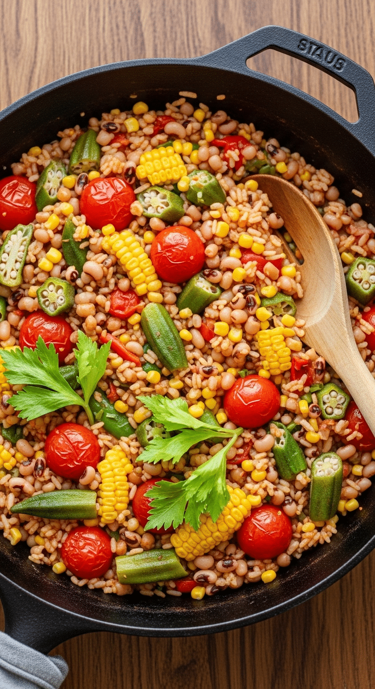 A skillet of homemade, one-pan Black-Eyed Peas and Rice with fresh vegetables.