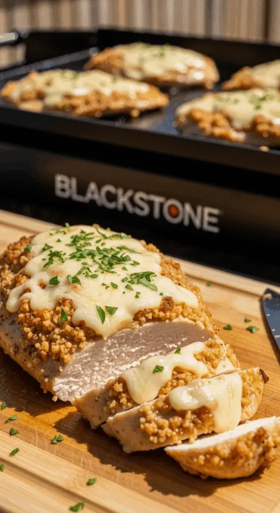 A perfectly cooked and sliced Blackstone Garlic Parmesan Chicken breast.