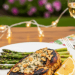 A plated meal of Blackstone Garlic Parmesan Chicken with grilled asparagus.