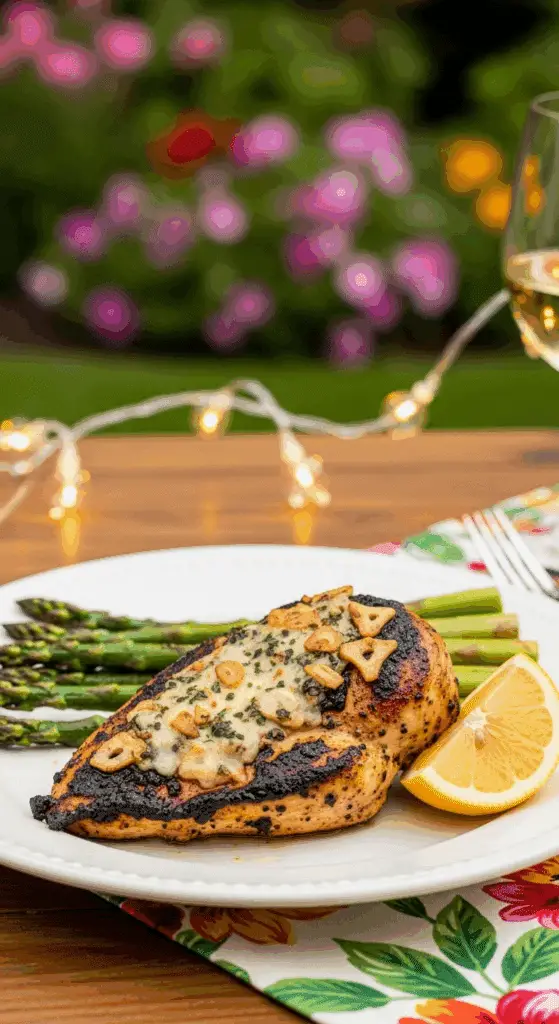 A plated meal of Blackstone Garlic Parmesan Chicken with grilled asparagus.