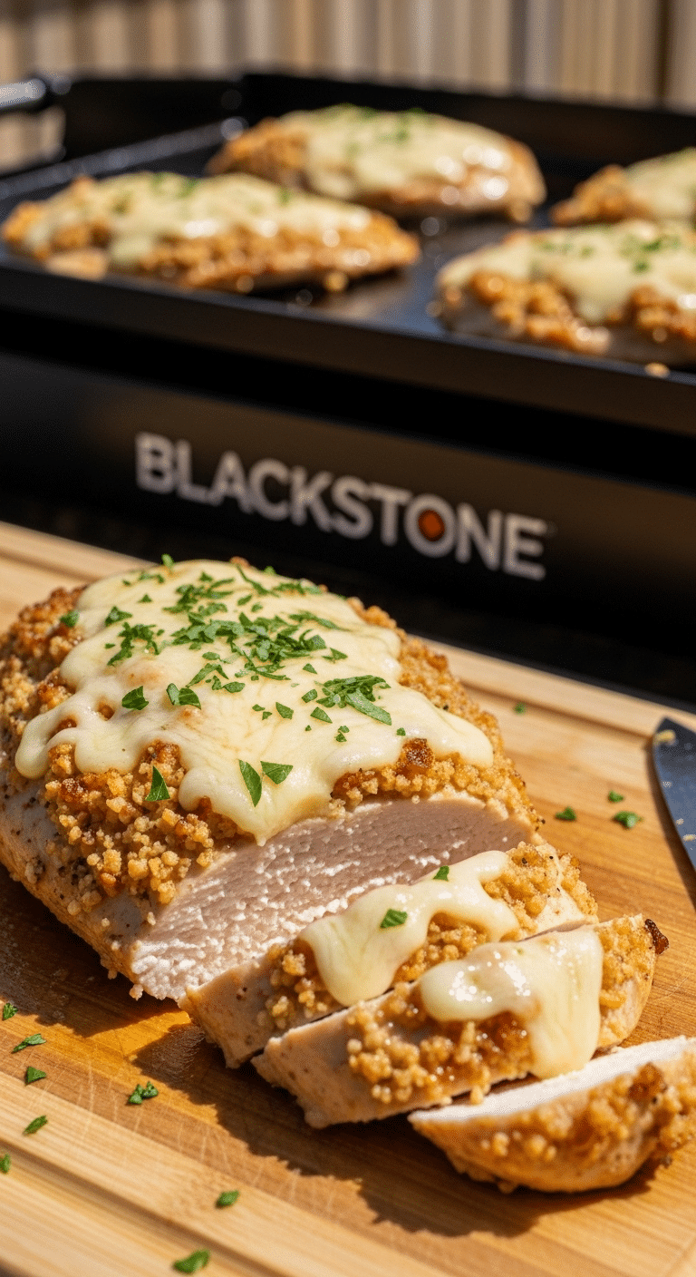 A perfectly cooked and sliced Blackstone Garlic Parmesan Chicken breast.