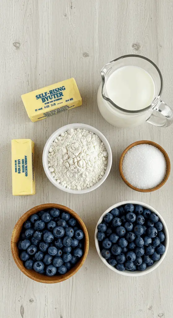 The 5 simple ingredients for the Easy Blueberry Cobbler: butter, flour, sugar, milk, and blueberries.