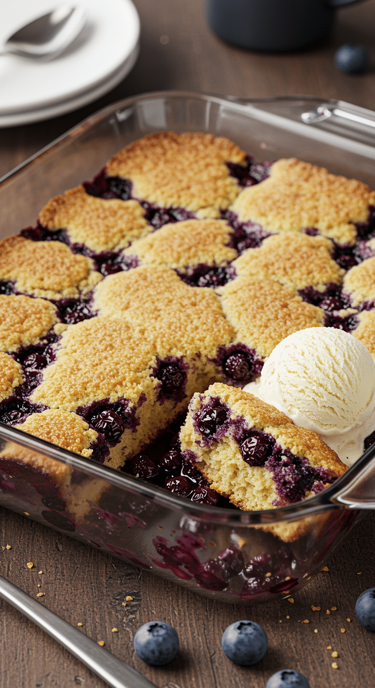 A warm, golden-brown, Easy Blueberry Cobbler in a baking dish with a scoop of melting vanilla ice cream.