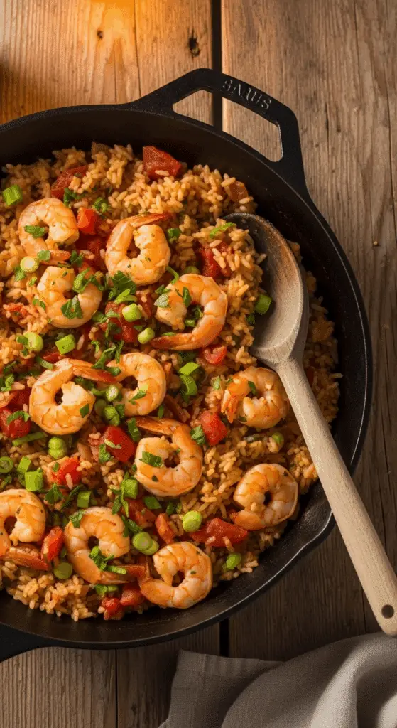 A skillet of easy, homemade Cajun Shrimp and Rice.