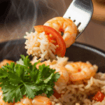A delicious bowl of the finished Cajun Shrimp and Rice.