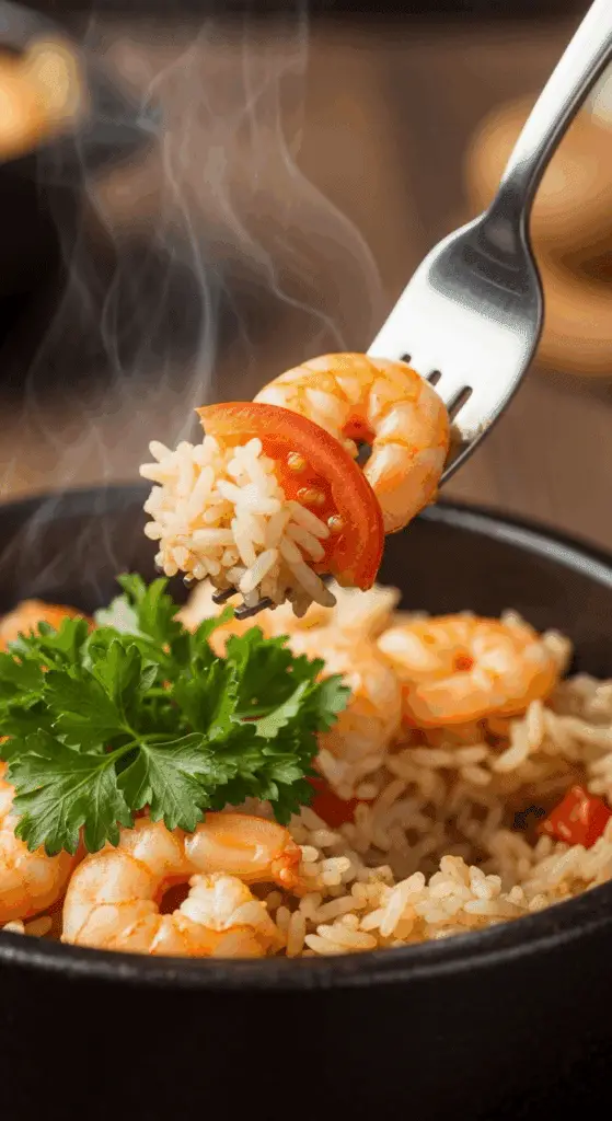 A delicious bowl of the finished Cajun Shrimp and Rice.