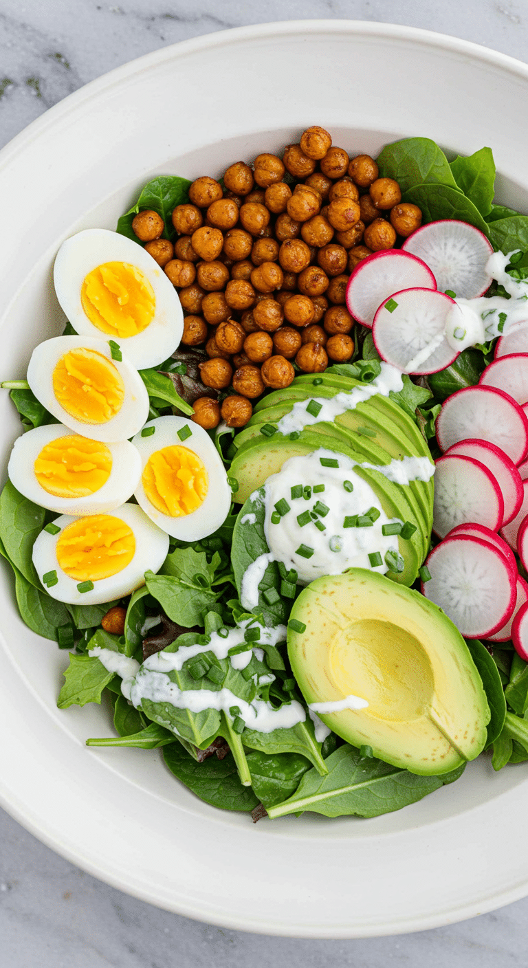 A healthy and colorful, composed California Salad in a bowl.