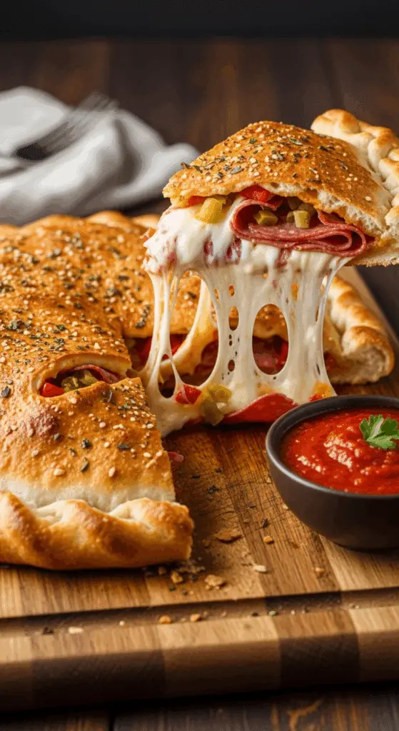 A homemade Salami and Mozzarella Calzone, cut to show the cheesy filling.