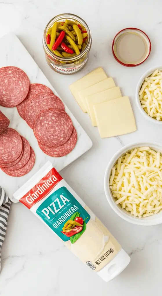Ingredients for the easy Salami and Mozzarella Calzone Recipe.