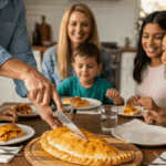 Slicing the finished, baked calzone to serve.