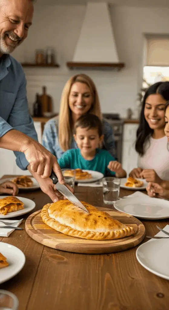 Slicing the finished, baked calzone to serve.