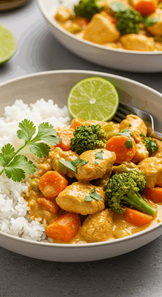 A vibrant, healthy bowl of Easy Chicken Curry with Vegetables and rice, garnished with a lime wedge.