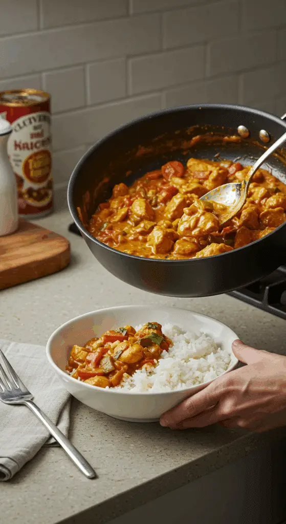 A person serving a bowl of Easy Chicken Curry with Vegetables for a weeknight dinner.
