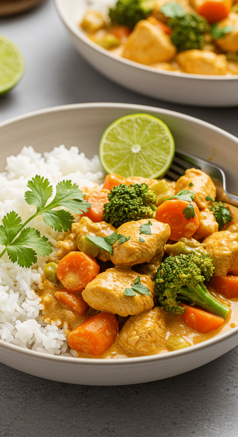 A vibrant, healthy bowl of Easy Chicken Curry with Vegetables and rice, garnished with a lime wedge.