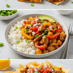 Three different meals made from one batch of chicken fajita filling: quesadillas, a bowl, and nachos.