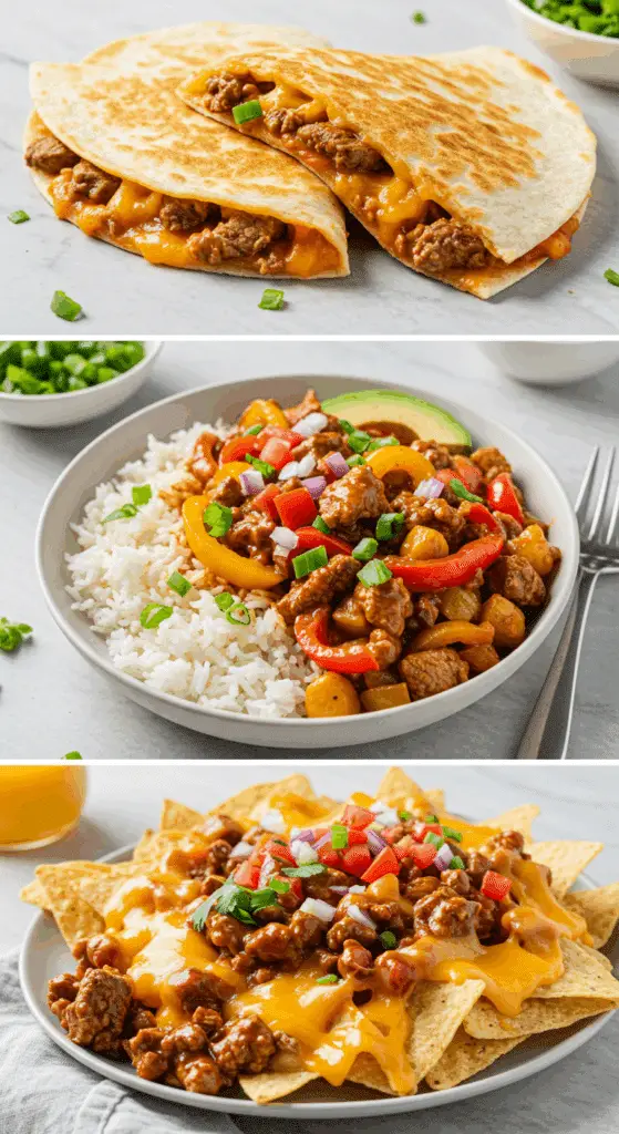 Three different meals made from one batch of chicken fajita filling: quesadillas, a bowl, and nachos.
