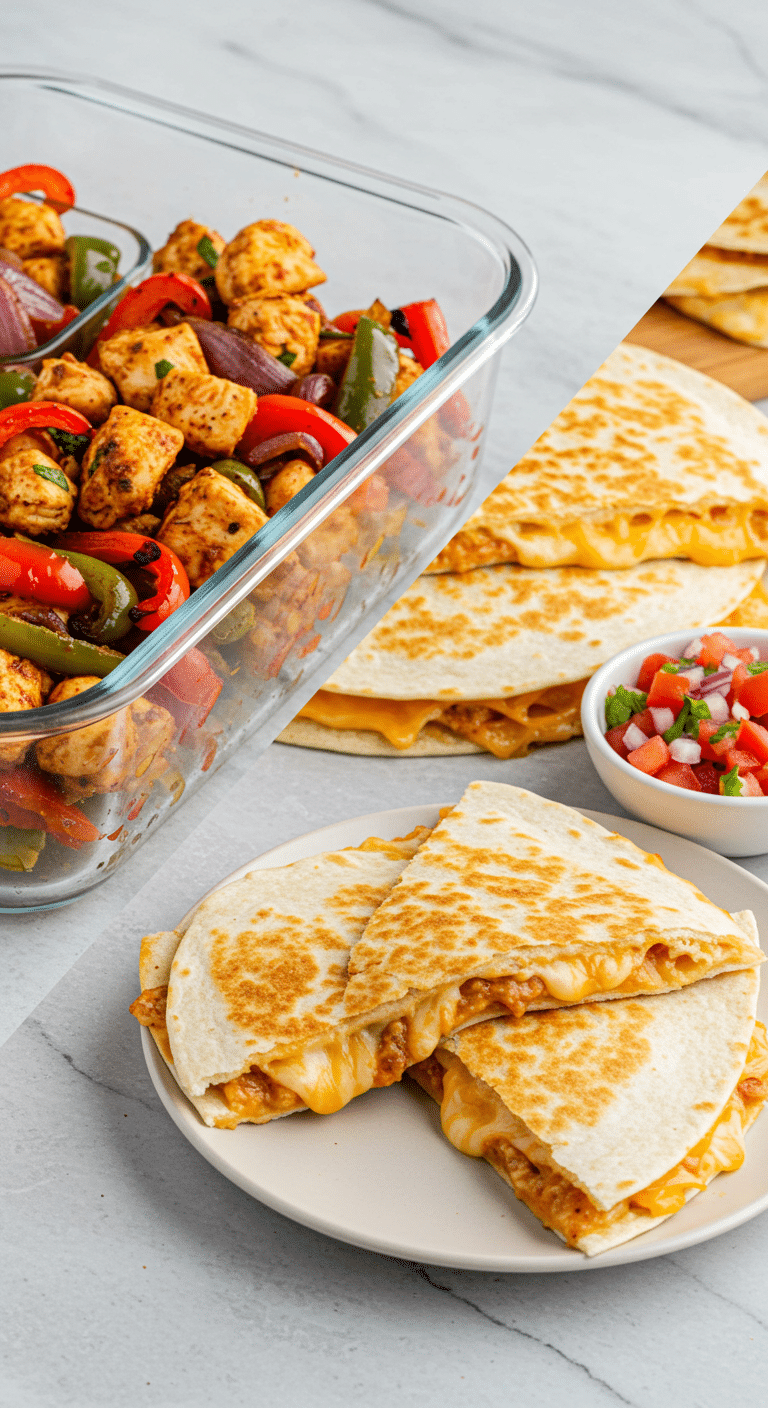 A meal prep container with chicken fajita filling next to a finished Chicken Quesadilla.